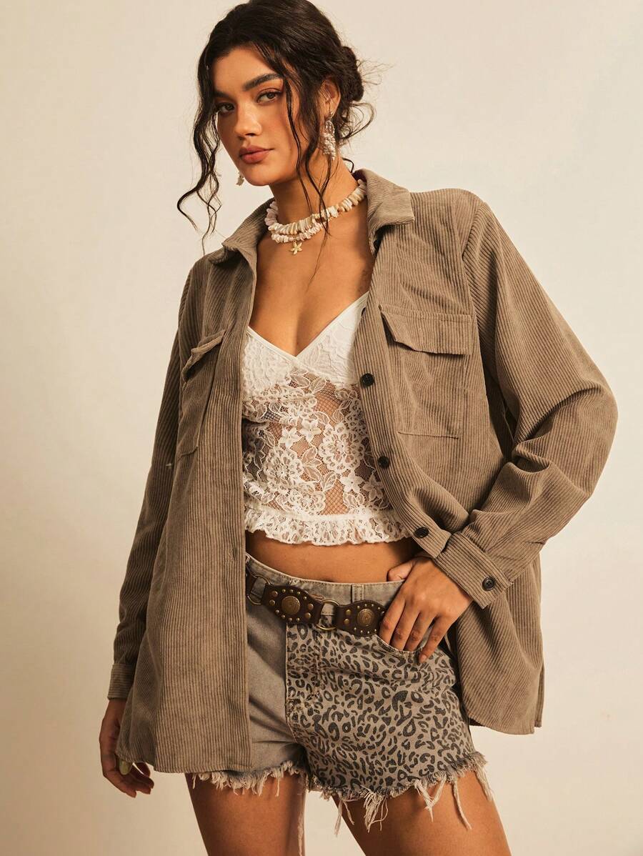 SHEIN LUNE Plus Size Women's Solid Color Long Sleeve Single Breasted Jacket, Autumn Winter Fall - Mocha Brown - View 1