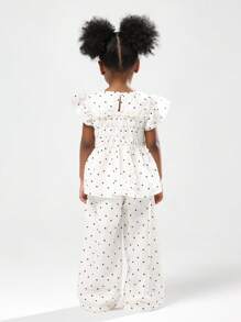 SUMWON 女孩心形印花飘袖上衣和阔腿裤套装夏季假日休闲装蝴蝶结细节弹性褶饰套装 - 杏色 - 查看 2