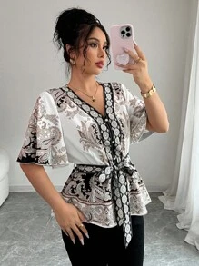 Rafferiza Camisa de manga corta con cintura entallada y estampado floral en forma de A, para primavera/verano y vacaciones - Multicolor - Ver 6