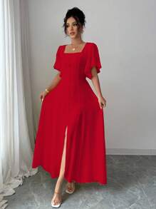 Rafferiza 女式休闲方领荷叶边袖纯色连衣裙 - 紅色 - 查看 3