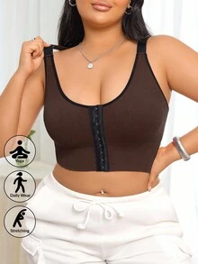 SHEIN حمالة صدر رياضية للنساء بحجم كبير مع إغلاق أمامي، ألوان متباينة، قمصان نوم قصيرة، حمالة صدر رياضية سلسة خالية من السلك، مريحة وبسيطة