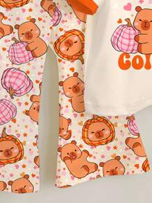 SHEIN Halloween Baby Girl Cute Modest Burnt Orange Summer Birthday Plaid Pumpkin & Capybara Pattern,Mini Star Print Short Sleeve T-Shirt And Pants Set - Multicolor - View 6