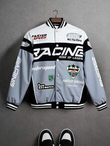 SHEIN Teen Boys Street Wear Bomber Jacket Biker Jacket Cool Letter Racing & Number Printed Zipper Jacket With Long Sleeves Haut Casual Comfortable Versatile Loose Fit Printed Jacket Baseball Jacket Fall Autumn And Winter - Multicolor - View 1