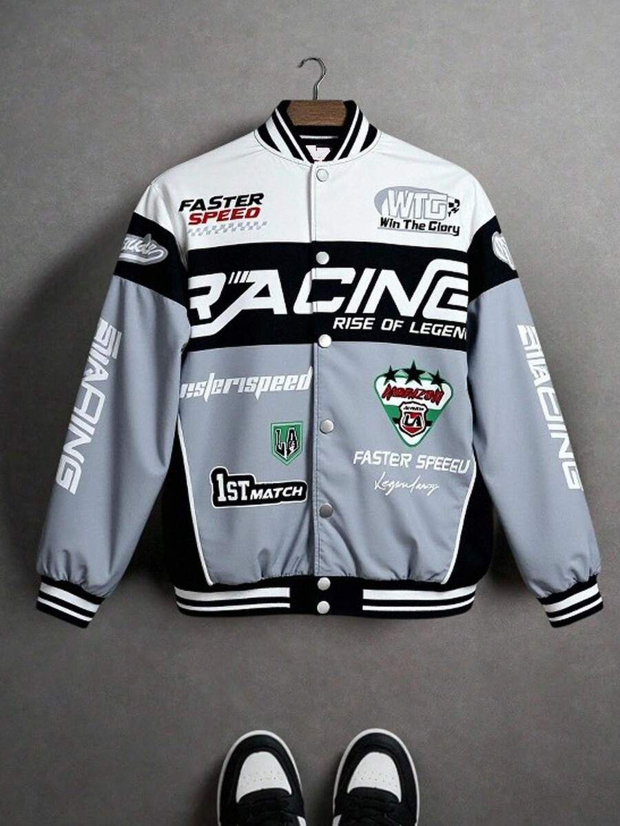 SHEIN Teen Boys Street Wear Bomber Jacket Biker Jacket Cool Letter Racing & Number Printed Zipper Jacket With Long Sleeves Haut Casual Comfortable Versatile Loose Fit Printed Jacket Baseball Jacket Fall Autumn And Winter - Multicolor - View 1