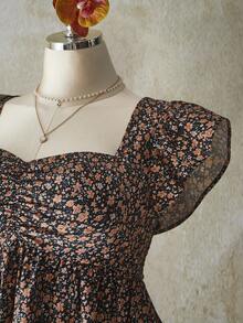 SHEIN ICON 加大码褶饰前片荷叶边短袖娃娃装上衣，适合夏季和度假 - 彩色 - 查看 6