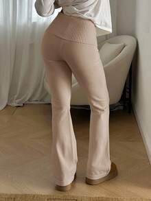 Aloruh 杏色紧腰喇叭裤，简约通勤家居休闲装，秋冬年轻女士针织裤 - 駝色 - 查看 2