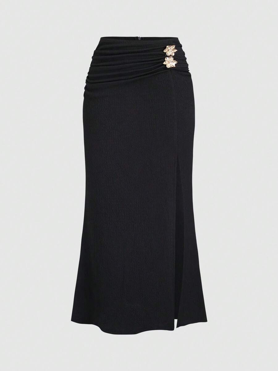 Sweetra Summer Sexy Slim Waist Flattering High Waist Slit A-Line Bodycon Maxi Dress Fall Cloth For Women - Black - View 1