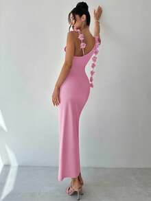 Firerie 女装夏季新款优雅浪漫迷人派对婚礼宾客毕业杏色不对称肩部无袖碎花后背系带直筒连衣裙，适合返校、机场、外出 - 粉色 - 查看 2