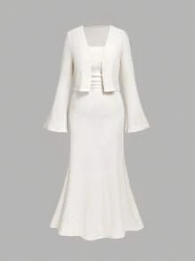 SHEIN MOD Conjunto de 2 piezas para mujer talla grande con vestido de tirantes finos y chaqueta - Albaricoque - Ver 6