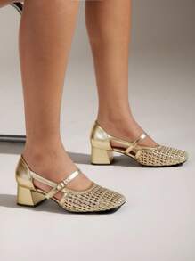 SHUZIA Ladies Crochet Raffia Mary Jane Pump For Christmas Valentine's Day - Gold - View 4