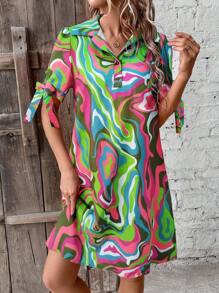 女式大理石印花领带袖口宽松休闲衬衫领连衣裙 - 彩色 - 查看 4