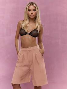 MISSGUIDED 量身定制百慕大休闲短裤高腰褶皱阔腿长短裤办公室商务休闲春夏度假装 - 粉色 - 查看 4