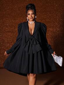 Maweii Plus-Size Women's Bow Bow Tie Loose New Year Party Dress Fall - Black - View 2