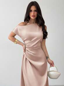 Firerie 女士绿色优雅不对称肩部褶饰美人鱼下摆连衣裙，适合约会、度假、婚礼、活动、返校、毕业典礼、正式伴娘礼服 - 粉色 - 查看 6