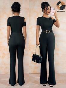 SHEIN Raffinéa Women's Solid Black Cutout Neck Metal Decor Bodycon Jumpsuit, Suitable For Daily Wear, Sexy, Fashionable, Unique SummerHoliday Sunny Journey Vacay VibesWomen's Autumn Clothingautumn Fall Clothes For Women Fall Autumn Clothes Fall Outfits For Women Autumn Outfits For Women Fall Clothes Autumn Women  Fall Women Clothes Autumn Clothing Elegant Fashionable Casual Commuting Business Office Daily Leisure All-Match Temperament Urban Teacher Professional Attire - Black - View 1