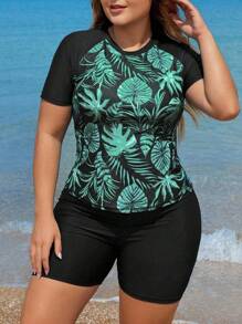 Swim Lushoire Conjunto de 2 piezas de traje de baño tipo tankini para mujer talla grande con estampado aleatorio, mangas cortas, shorts, modesto, estilizador, casual para vacaciones de verano - Negro - Ver 1
