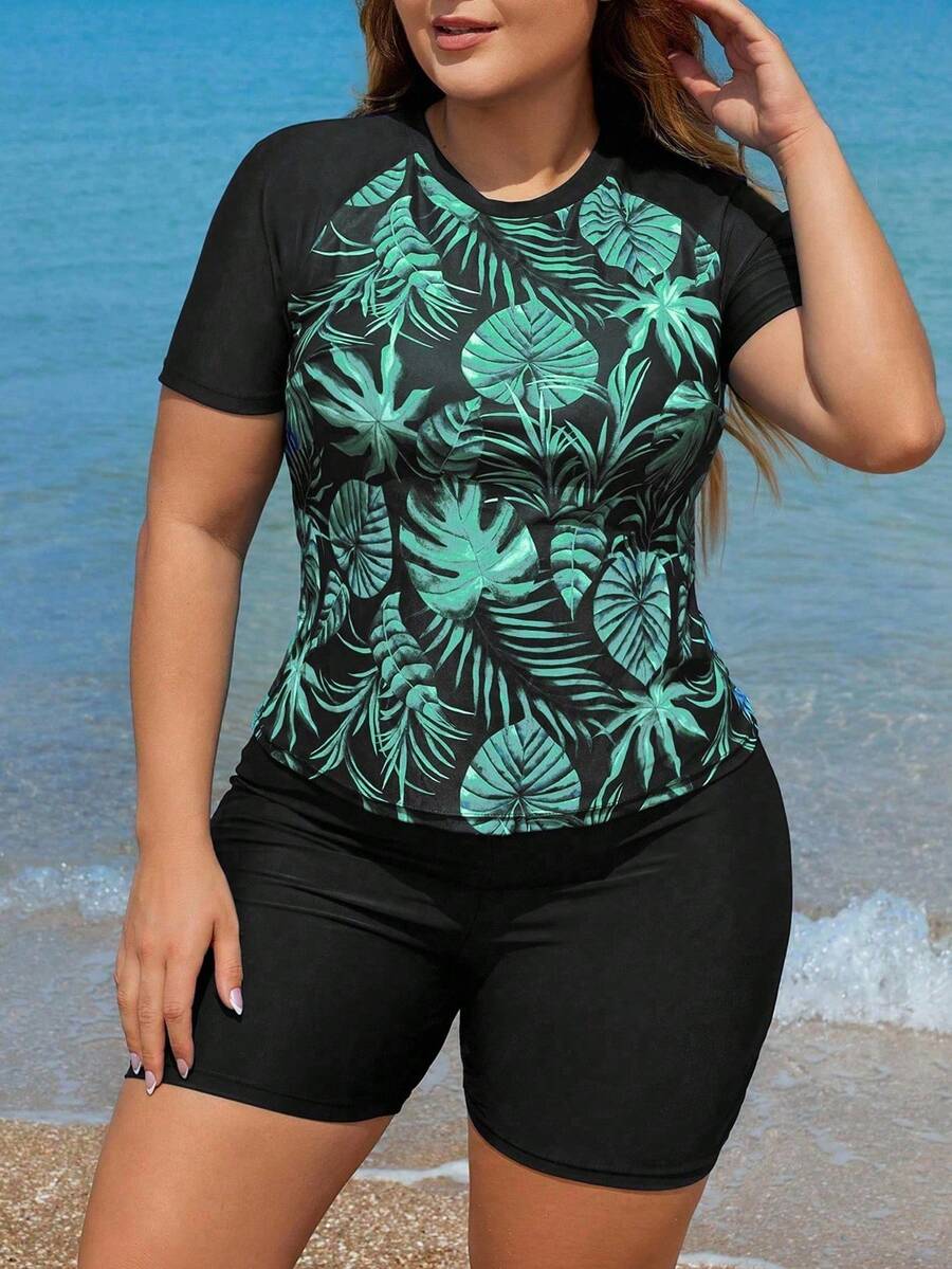 Swim Lushoire Conjunto de 2 piezas de traje de baño tipo tankini para mujer talla grande con estampado aleatorio, mangas cortas, shorts, modesto, estilizador, casual para vacaciones de verano - Negro - Ver 1