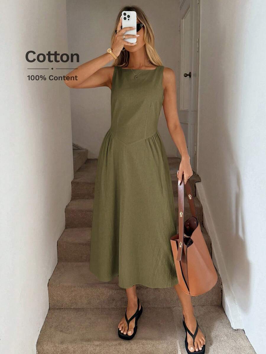 Easowa Đầm suông chữ A cổ tròn, xếp ly eo, đầm midi thanh lịch cho nữ, làm từ vải cotton hữu cơ, thích hợp cho mùa xuân và mùa hè - màu xanh lá - Xem 1