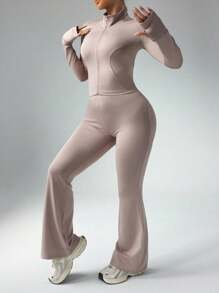 Rhythm Era 2 件套女士加大码休闲前拉链连帽夹克和高腰喇叭裤，拇指孔设计健身女士套装 - 粉色 - 查看 5