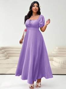 Solflare 大码女式紫丁香色短袖休闲系带前腰收腰优雅度假连衣裙，适合婚礼宾客，春夏季 - 紫丁香色 - 查看 4