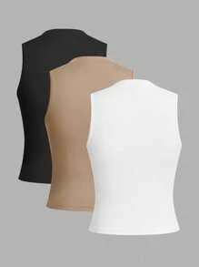 SHEIN LUNE 3件装女士圆领刺绣马匹紧身吊带背心，黑/白/灰三色可选，适合秋季作为打底衫穿着，3件装修身女式上衣 - 彩色 - 查看 4