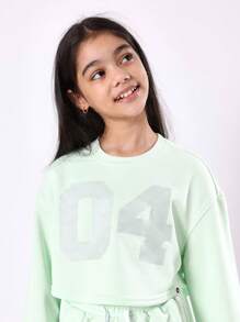 SUMWON Tween Girls Two Piece Matching Outfit Mint Green Number Print Crop Top Shorts Set Summer Casual Wear Weekend Streetwear Youth Fashion - Green - View 5