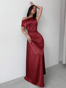Firerie 女士绿色优雅不对称肩部褶饰美人鱼下摆连衣裙，适合约会、度假、婚礼、活动、返校、毕业典礼、正式伴娘礼服 - 酒紅色 - 查看 8