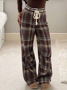 SHEIN EZwear Women's Fall Autumn And Winter Clothing Retro Casual Home Leisure Brown Kaluli Brushed Plaid Retro Lace Stitching Brown Plaid Pleated Pants - Brown - View 4