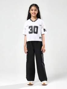 SUMWON Oversized Crop Jersey T-Shirt Varsity College Style Number 30 NYC Print Short Sleeve V-Neck Lace Insert White Top Streetwear School Summer Spring - Black - View 1