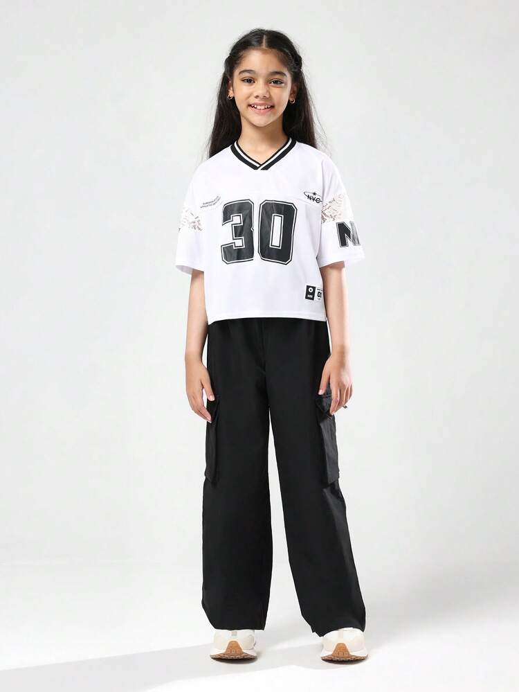 Crop Jersey T-Shirt With Lace Insert And Varsity Number Print