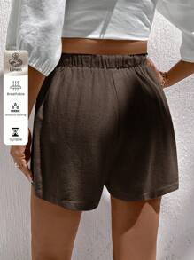 SHEIN X Scot Louie Easowa 亚麻休闲女短裤，适合春夏季 - 咖啡棕 - 查看 3
