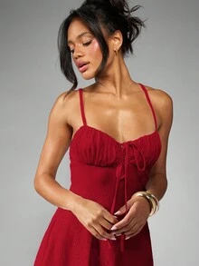 MISSGUIDED Broderie Anglaise Mini Dress Ruched Bust Summer Party Evening Holiday Resort Vacation Sleeveless Sweetheart Neckline Tie Front Adjustable Straps