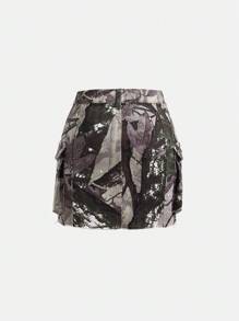 Saia Denim Mini Camuflada Elástica Fofa, Estilo de Rua, Casual, Confortável, Fashion, Férias, Leve para o Verão, Meninas Pré-Adolescentes - Multicolorido - Visão 2