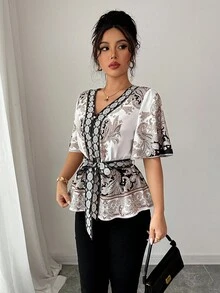 Rafferiza Camisa de manga corta con cintura entallada y estampado floral en forma de A, para primavera/verano y vacaciones - Multicolor - Ver 4