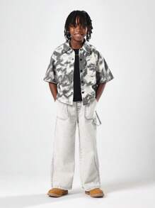 SUMWON 青年扎染印花纽扣宽松衬衫短袖超大露营领休闲周末假日街头风格口袋细节 - 深灰色 - 查看 4