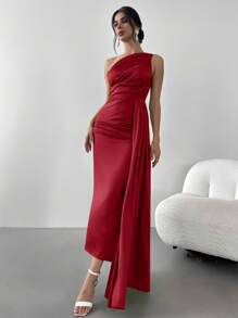 Firerie 女式褶饰荷叶边单肩褶饰连衣裙，适合派对、舞会、晚礼服、优雅、宴会、约会之夜、性感、鸡尾酒会、毕业典礼 - 酒紅色 - 查看 6