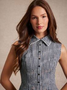 WESTFADE 格纹梭织无袖褶皱修身喇叭迷你 Polo 衫 返校可爱秋装夏季乡村音乐会