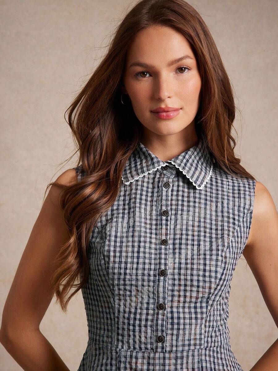 WESTFADE 格纹梭织无袖褶皱修身喇叭迷你 Polo 衫 返校可爱秋装夏季乡村音乐会