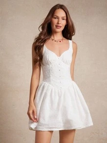 WESTFADE Ditsy Floral Eyelet V Neck Underwire Cups Drop Waist Smocked Back Ruffle Fit & Flare Sleeveless Mini Dress Summer 4th Of July Beach Vacation Outfit Cowgirl Rodeo Nashville Country Western Concert Outfit - White - View 3