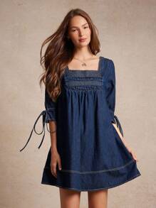 WESTFADE 褶皱方领泡泡袖蝴蝶结纯棉牛仔迷你直筒连衣裙 返校可爱秋装夏季乡村音乐会 - 深色水洗藍 - 查看 4