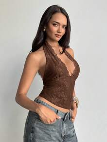 Aloruh 女式复古蕾丝花卉拼布露背吊带背心，夏季 - 棕色 - 查看 6