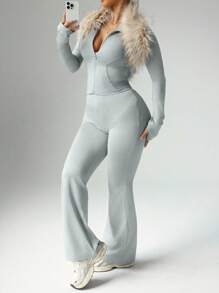 Easithlete Women Plus Size Casual Zipper Jacket With Thumb Hole & High Waist Flare Pants 2 Pieces Set Workout Women Set Y2k