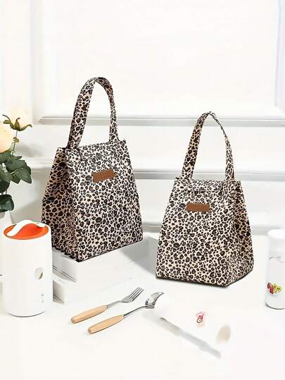 Brown Leopard Print Insulated Lunch Bag - Reusable Waterproof Thermal Tote With Pocket For Work, School, Picnic | Food Temperature Control | Portable Office Essentials