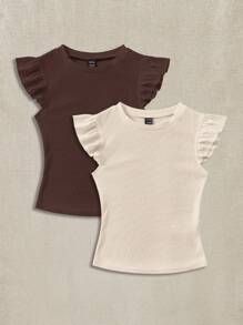 Soleia 2pcs Ribbed Fabric Round Neck Cap Sleeve Fitted T-Shirt Set, Cute, Suitable For Summer Suitable For Going Out - Multicolor - View 1