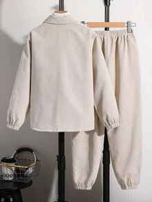 SHEIN 2 件青少年男孩休闲口袋翻领灯芯绒开襟长袖衬衫和宽松长裤梭织两件套西装适合学校、花园、海滩、生日、春季、夏季、秋季、冬季 - 卡其色 - 查看 2