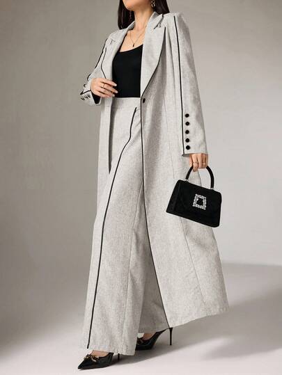 Heiryn Women's Contrast Color Piping Front Button Casual Arab Long Sleeves Abaya Robe Set With Pant, Elegant Pant Set, For Casual Daily/Work Modern Clothes For Women,Fall