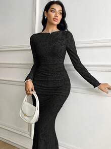 Veilorie Women's Solid Color Round Neck Pleated Fitted Long Sleeve Dress Long Black Elegant Dress - Black - View 6