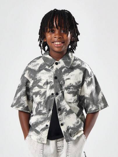 SUMWON Youth Tie Dye Print Button Down Boxy Shirt Short Sleeve Oversized Camp Collar Casual Weekend Holiday Street Style Pocket Detail