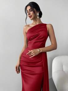 Firerie 女式褶饰荷叶边单肩褶饰连衣裙，适合派对、舞会、晚礼服、优雅、宴会、约会之夜、性感、鸡尾酒会、毕业典礼 - 酒紅色 - 查看 4