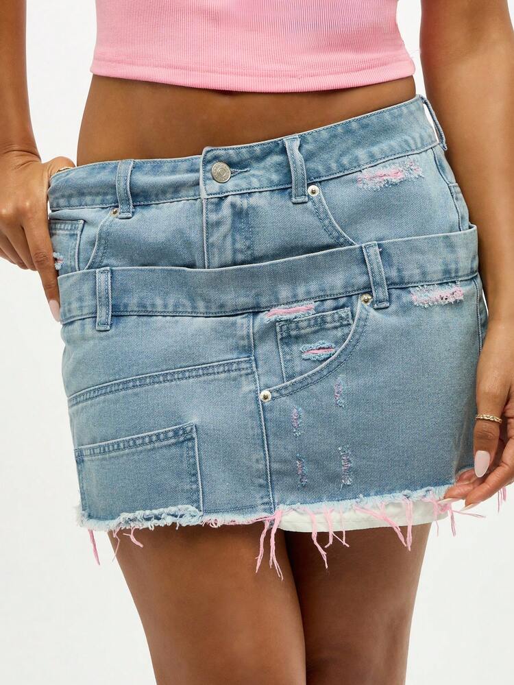SUMWON WOMEN Stacked Layer Denim Mini Skirt With Raw Hem